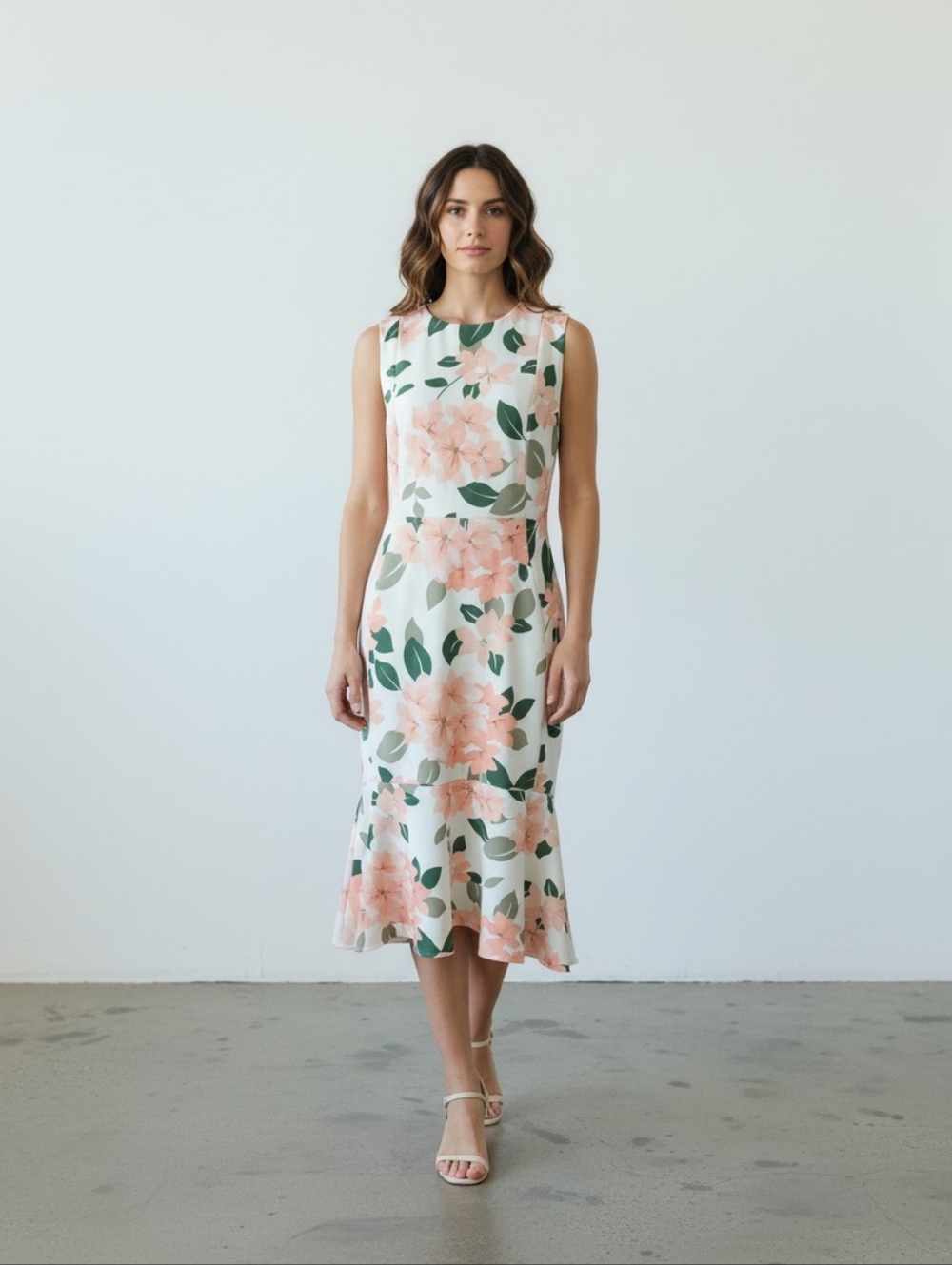 Calvin Klein Floral Midi Dress Size 12 NWT Pink Green Sheath Ruffle Hem Spring